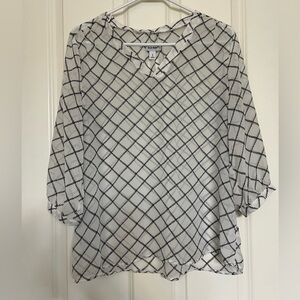Old Navy Sheer White Top with Black Diamond Pattern and Bell Sleeves - Size L